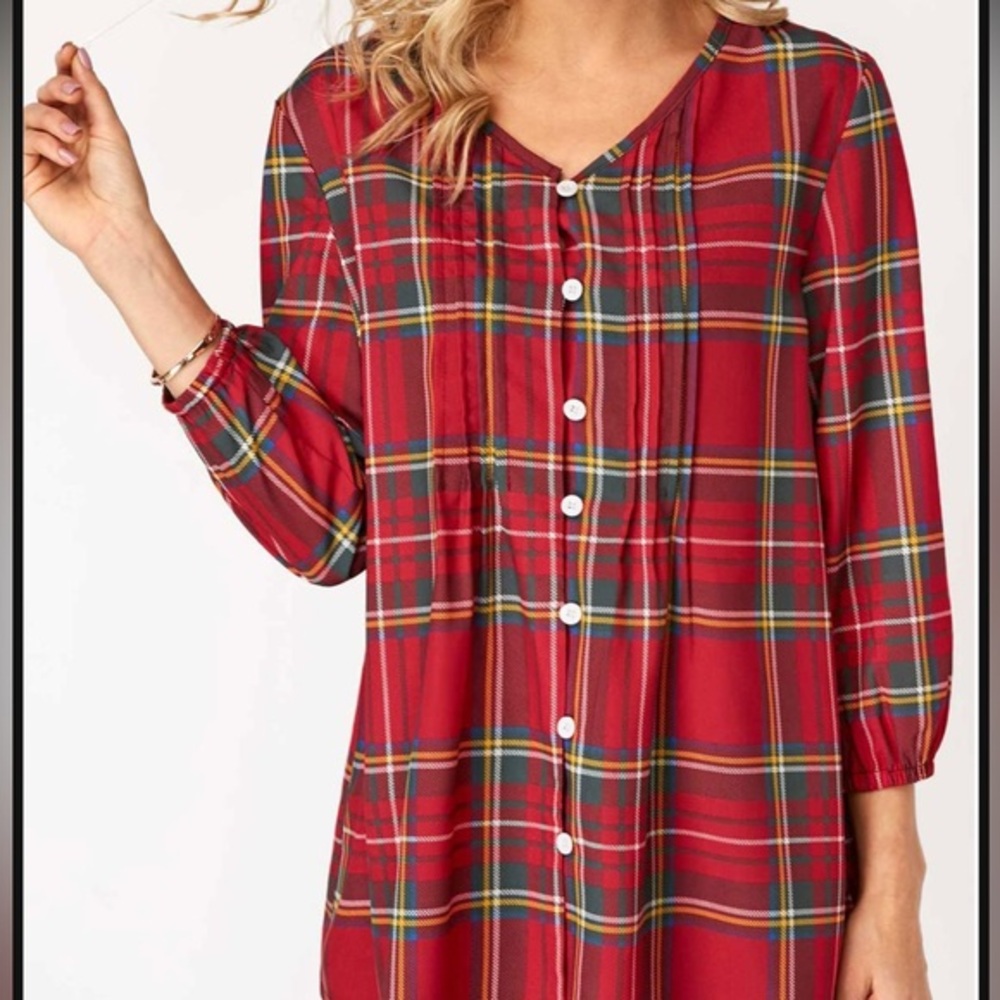Trendy Women’s XXL red green gold pleated top shirt‎ blouse V Neck button up